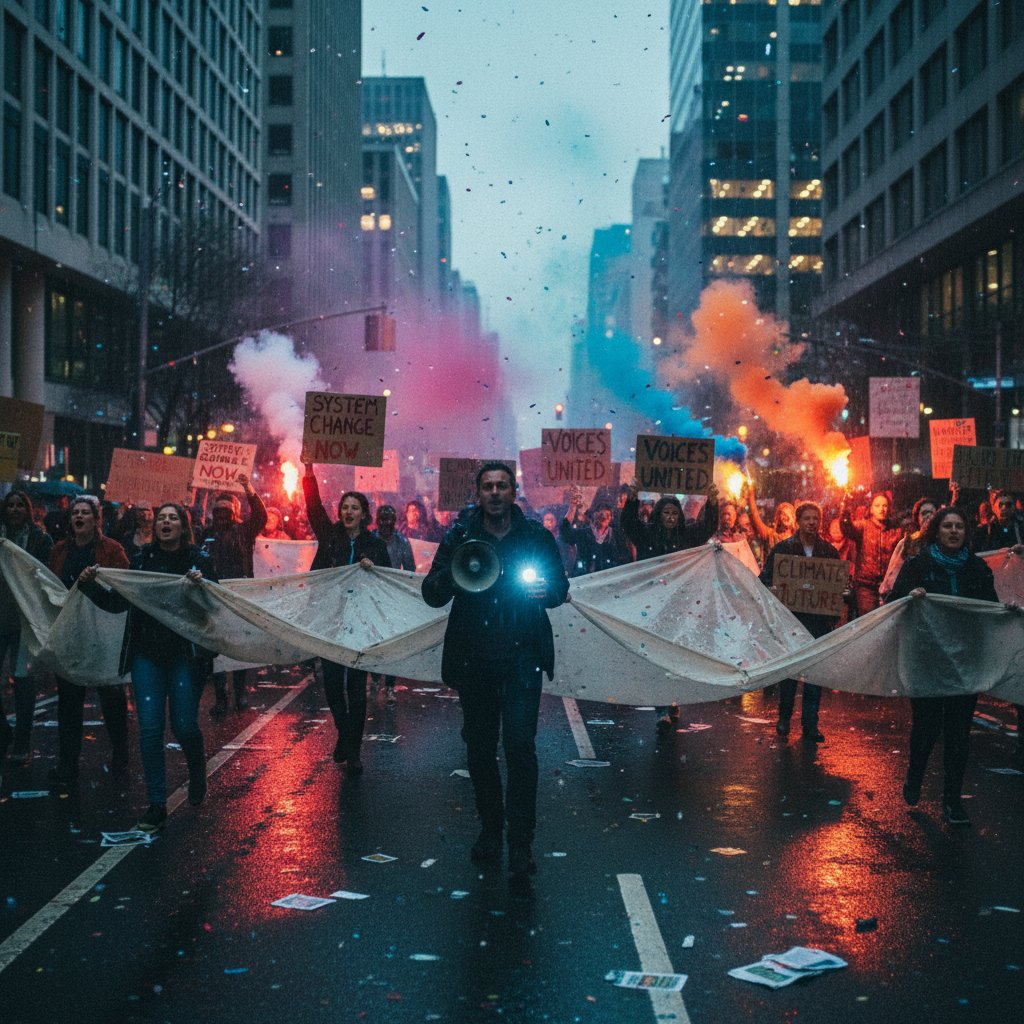 Dynamic protest scene from modern film, protest movies, unconventional cinematography, activist cinema