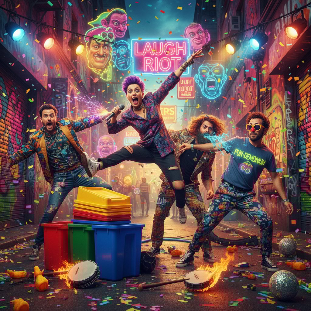 Dynamic still from a recent edgy comedy film, vibrant colors, 16:9