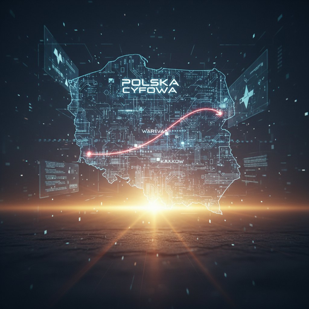 Mapa Polski z cyfrowymi nakładkami i świtem na horyzoncie, nowoczesna edukacja geografia online