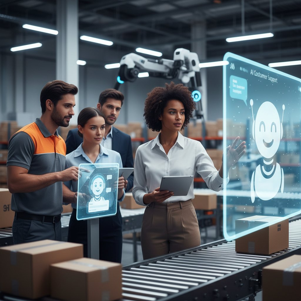 Zespół AI i ludzi obsługujących klientów e-commerce przy stanowiskach komputerowych