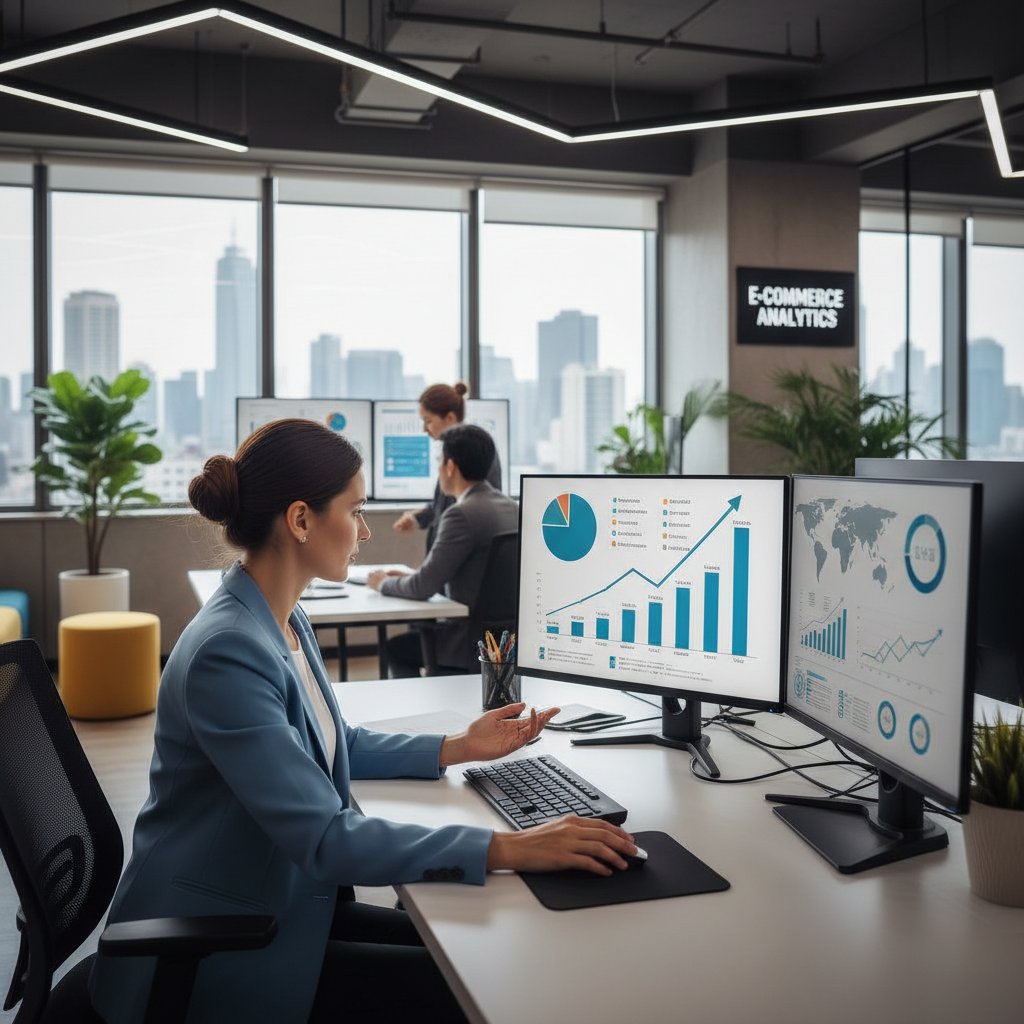 Pracownik e-commerce analizuje wykres wzrostu wyników po wdrożeniu AI chatbota