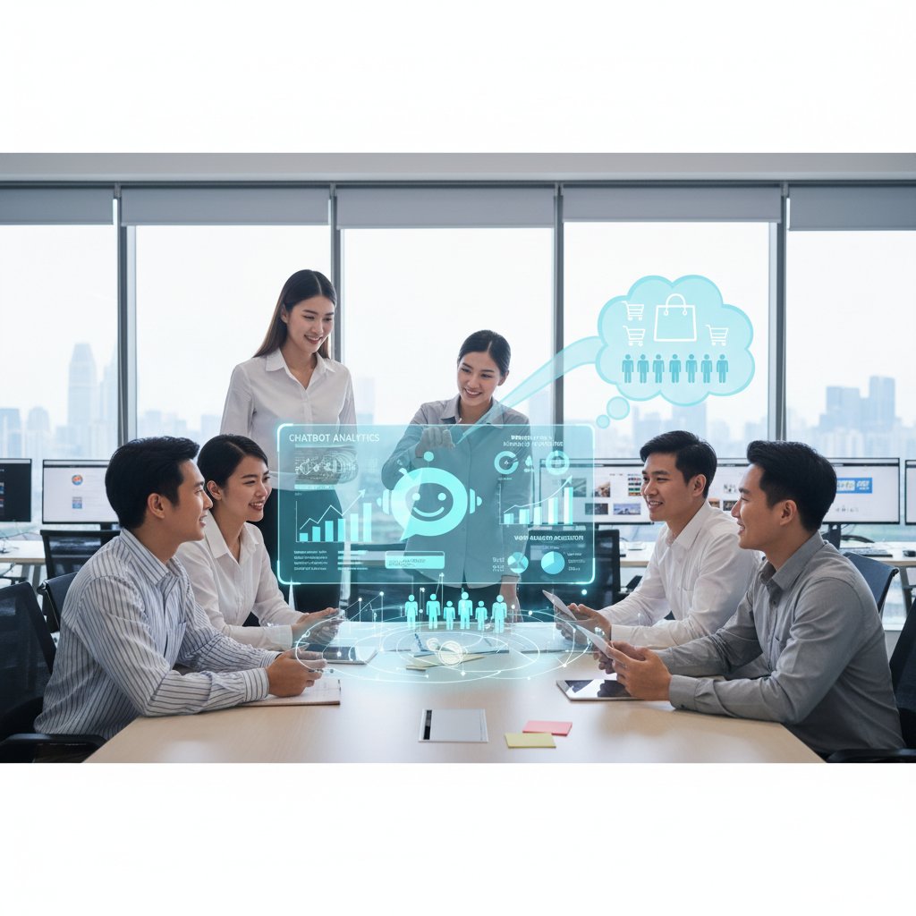 E-commerce team celebrating increased sales with chatbot analytics on screen—AI-driven customer acquisition