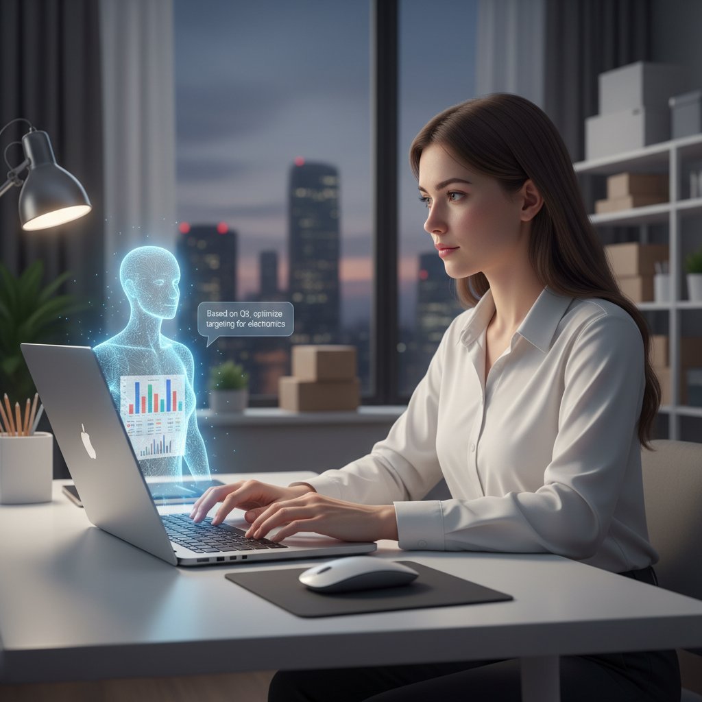 Pracownik e-commerce korzysta z chatbota AI na laptopie, ekran z danymi sprzedaży i wykresami