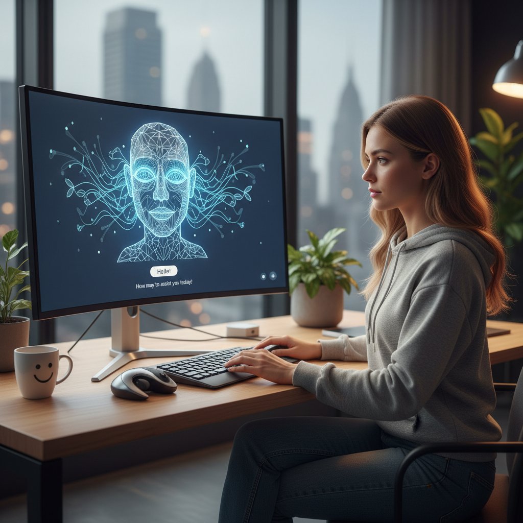 Pracownik e-commerce rozmawiający z chatbotem na komputerze, ekran z wyświetloną konwersacją i wyraz ulgi na twarzy