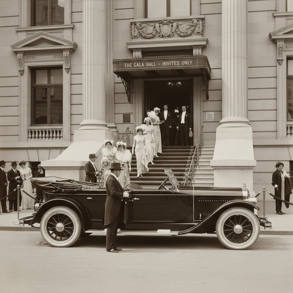 Antique luxury car at high society gathering, symbolizing car status symbol history