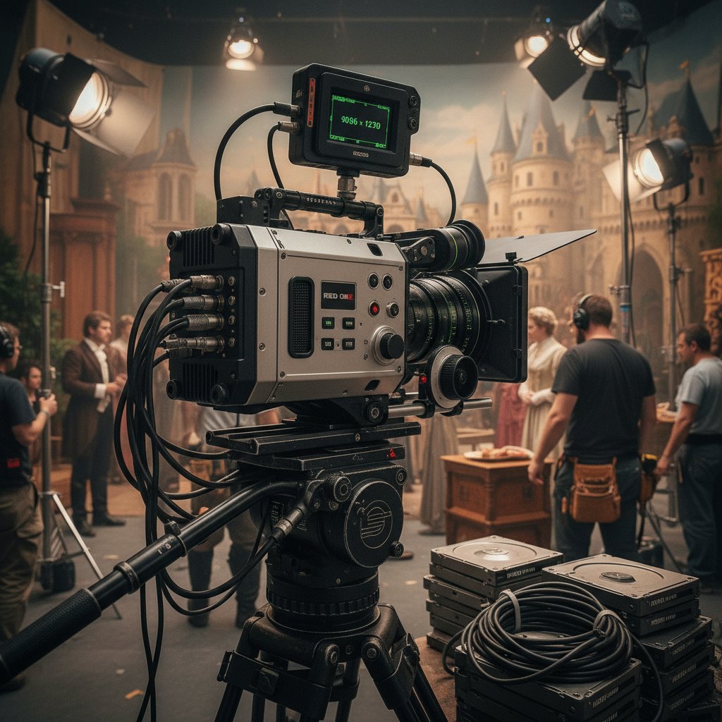 Early 4K camera on film set, high-contrast photo for 4k movies history