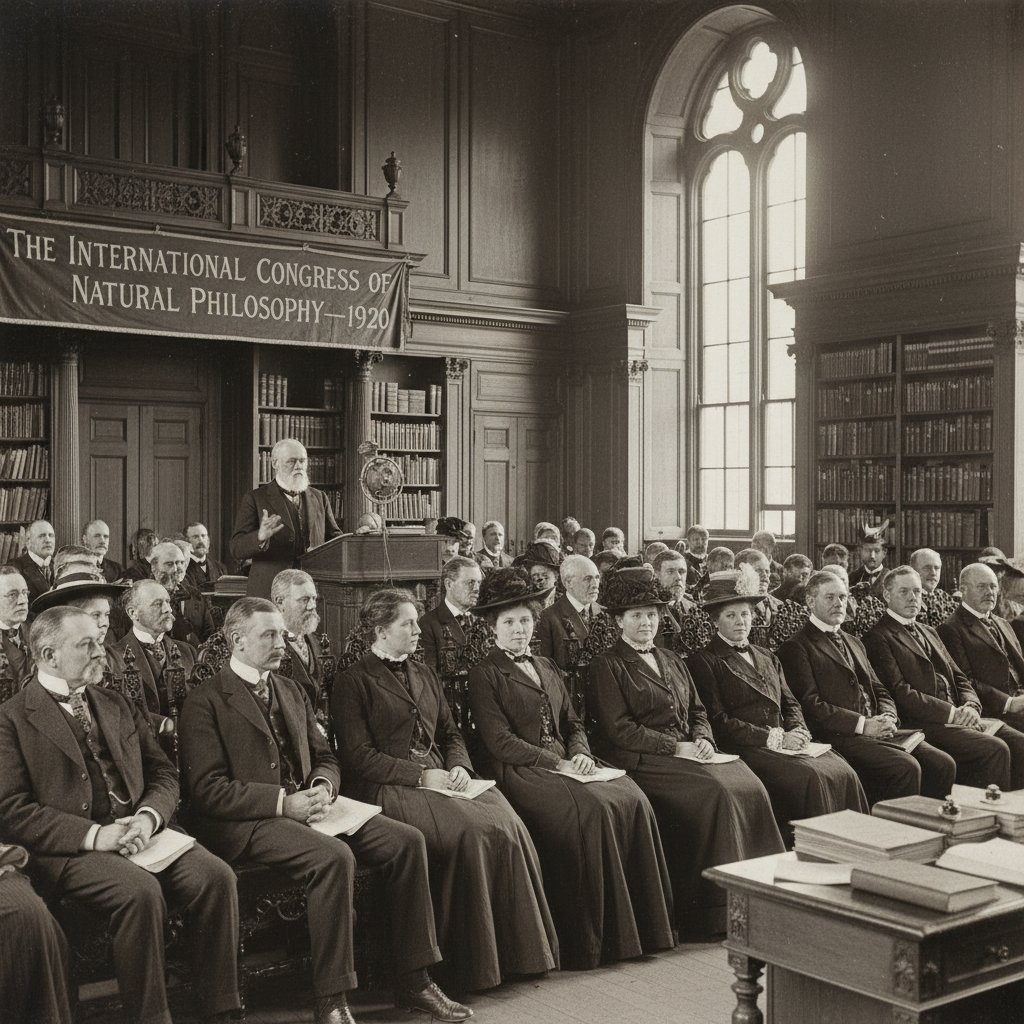 Early 20th-century academic conference, formal atmosphere, vintage-style, faded tones, suited scholars
