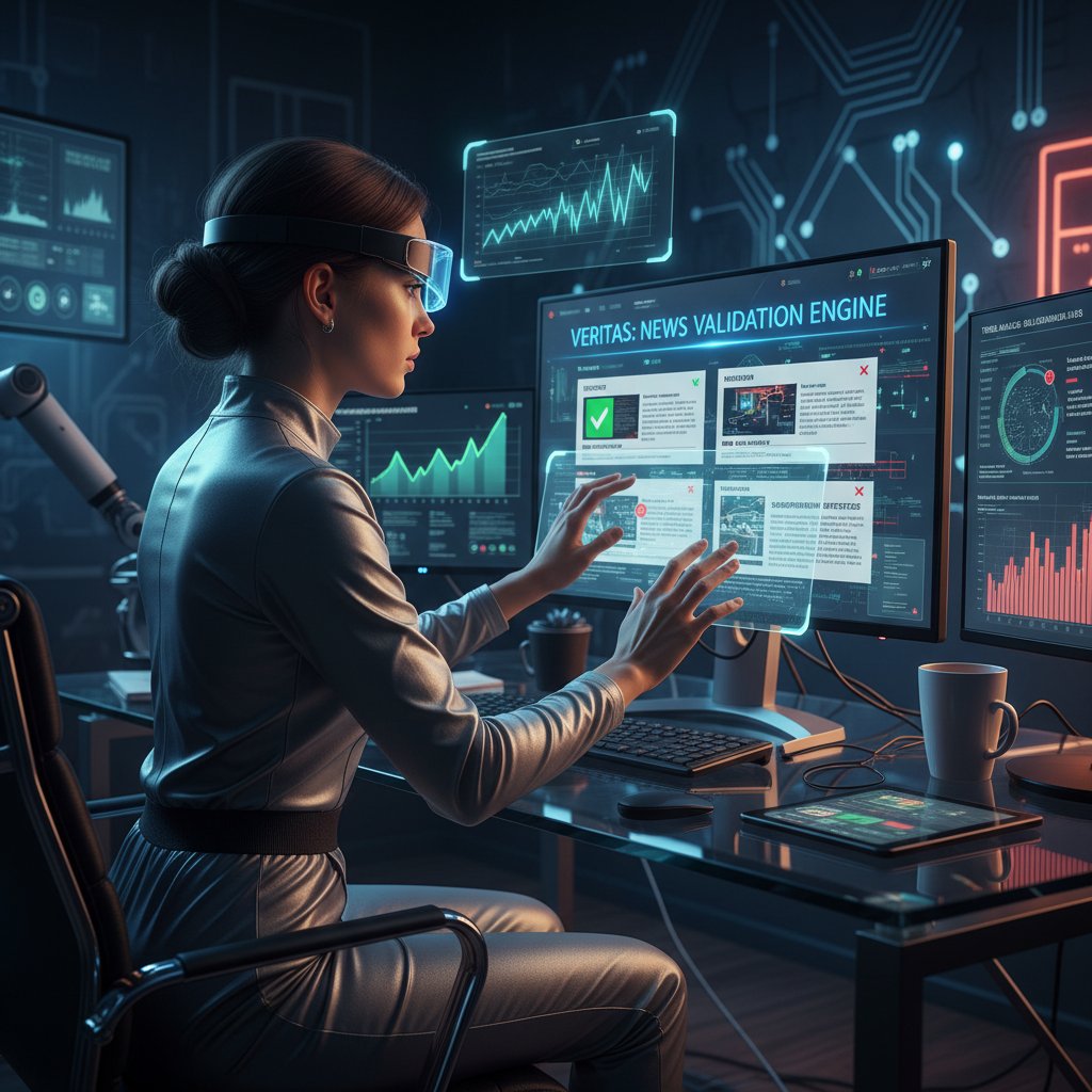 Wczesny użytkownik testuje nowoczesne narzędzia do weryfikacji newsów, otoczony ekranami z trendami