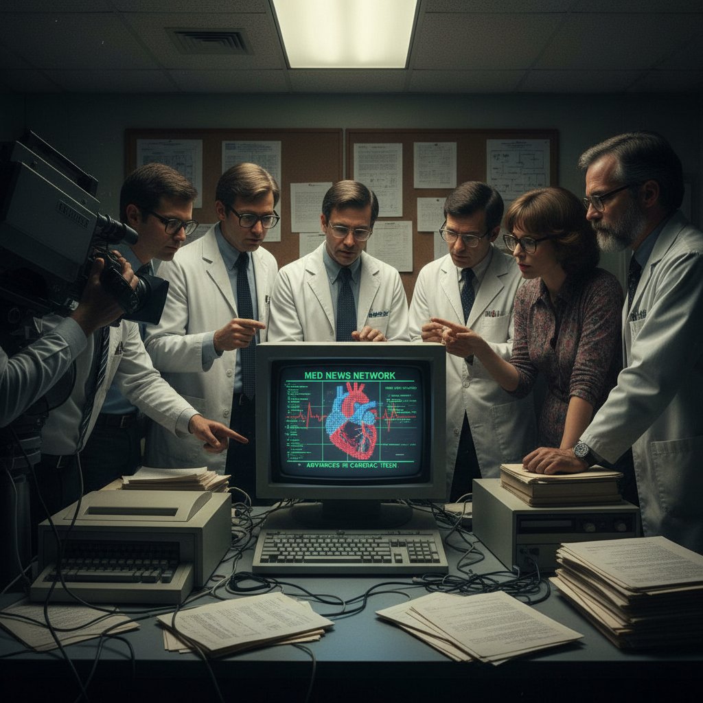 Early computer-generated news in a medical newsroom, historical newsroom with early computers and printouts, 1980s vibe, documentary style