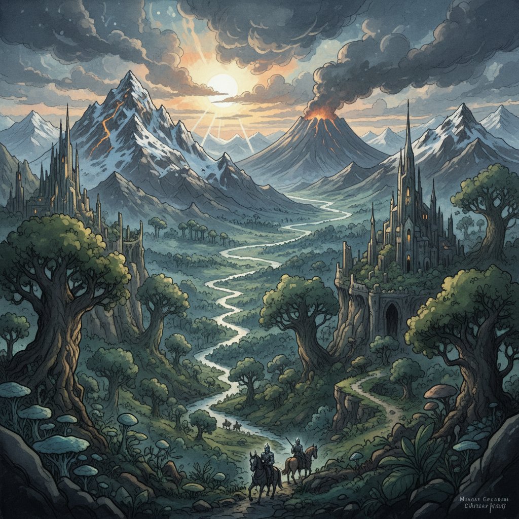 Early concept art for lord of the rings movies showing dramatic landscapes and scale