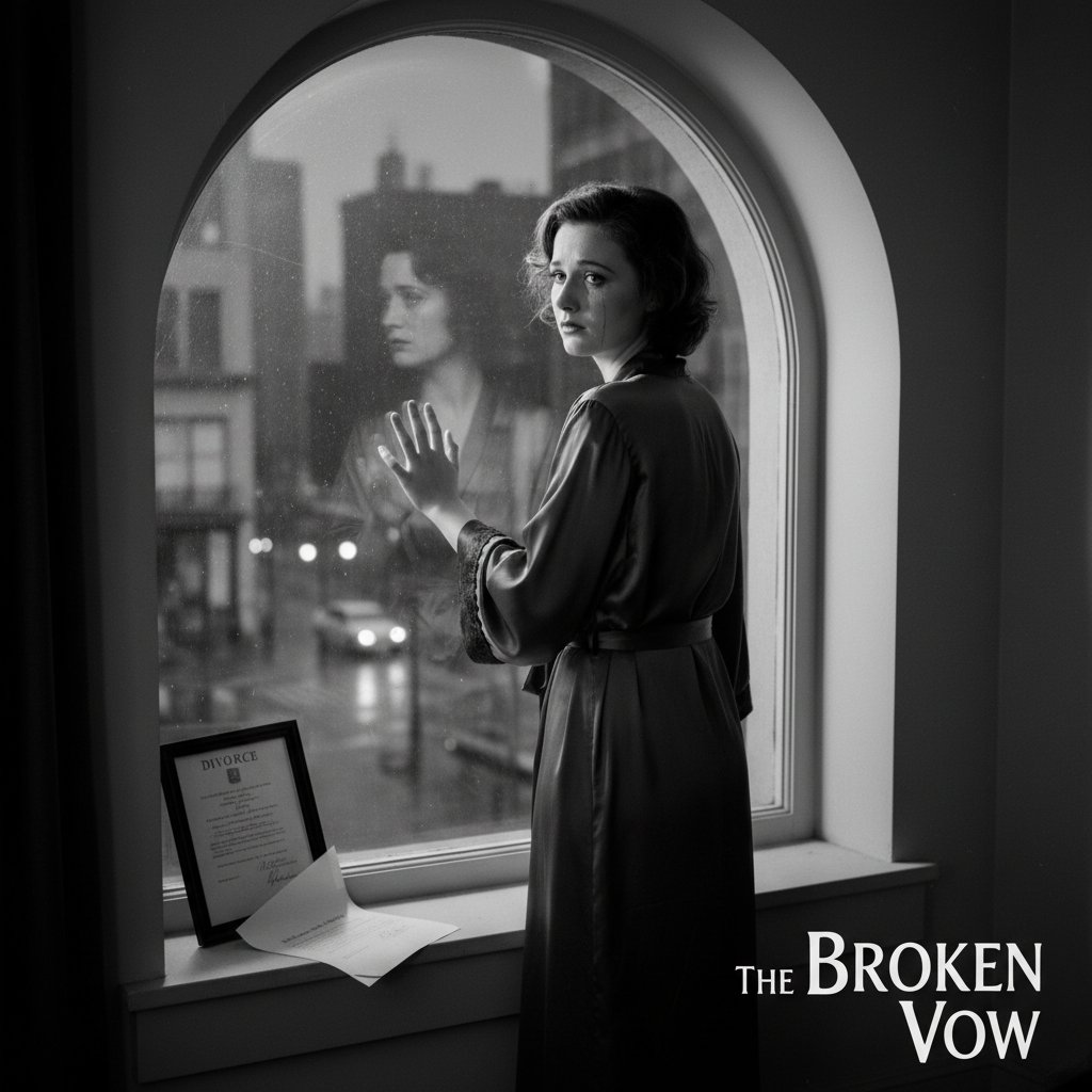 Classic black-and-white photo: a 1930s woman in a silk dress, looking out a rain-soaked window, symbolizing early divorce movies
