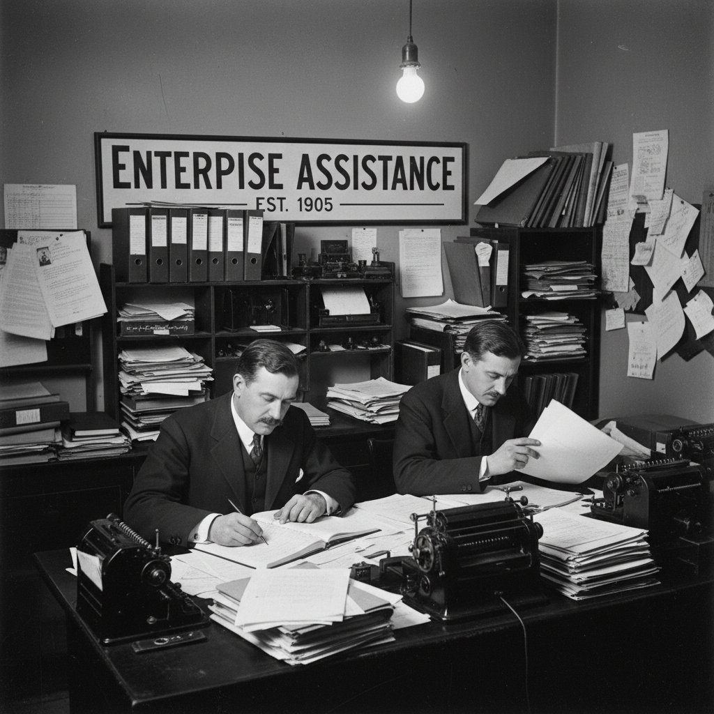 Early enterprise support teams buried in paperwork, representing rigid support models and paperwork overload