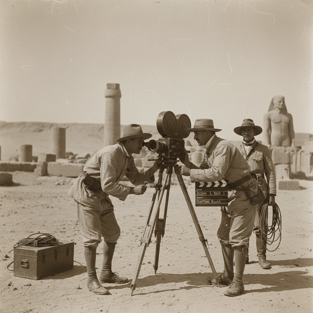 Pioneers filming an early documentary with hand-cranked camera, archival still, documentary history, classic filmmaking