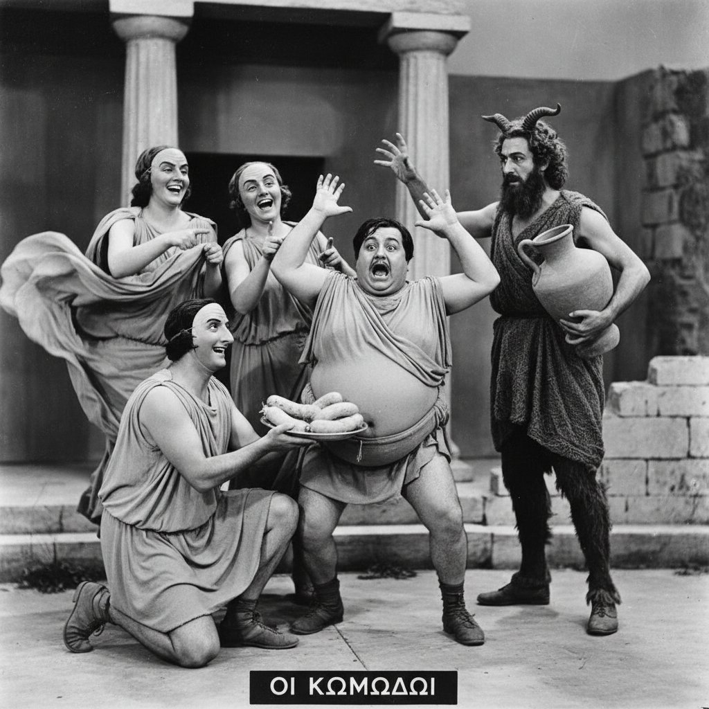 Black and white still from early Greek comedy film, actors in expressive theatrical poses, vintage film style