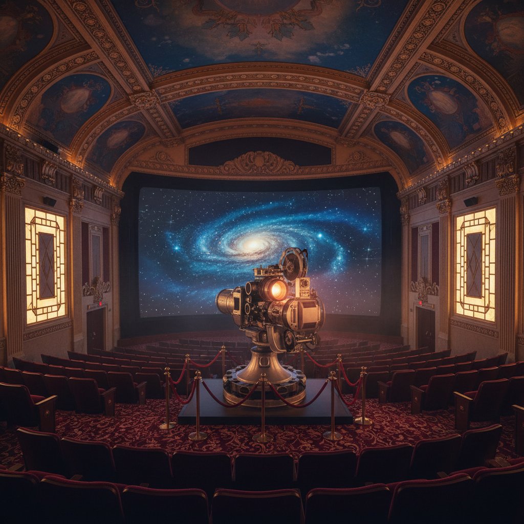 Early IMAX projector in a retro theater with rich colors and nostalgic mood