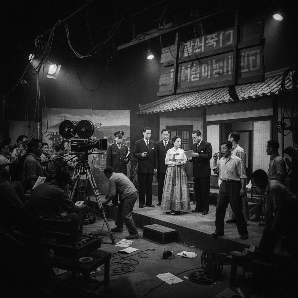 Early Korean movie set during censorship era, actors in traditional costume, director in background
