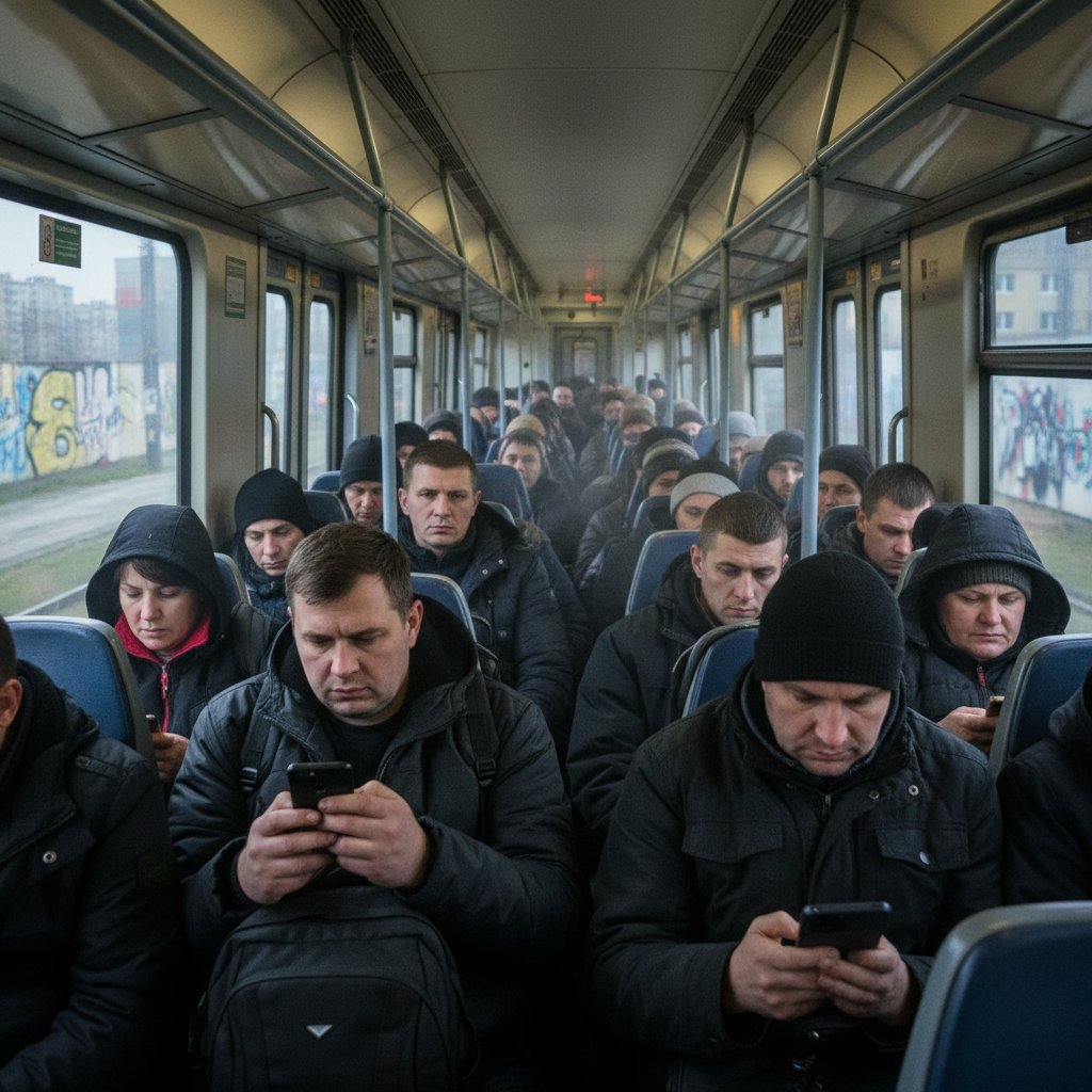 Polscy pracownicy w zatłoczonym pociągu w drodze do pracy, zmęczenie i skupienie na twarzach