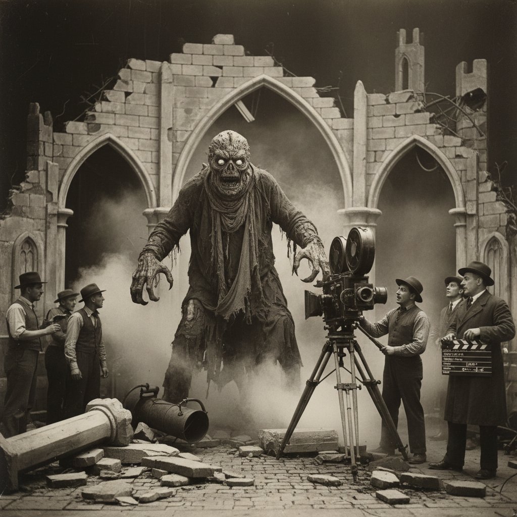 Black-and-white photo of an early movie monster on set, surrounded by filmmakers