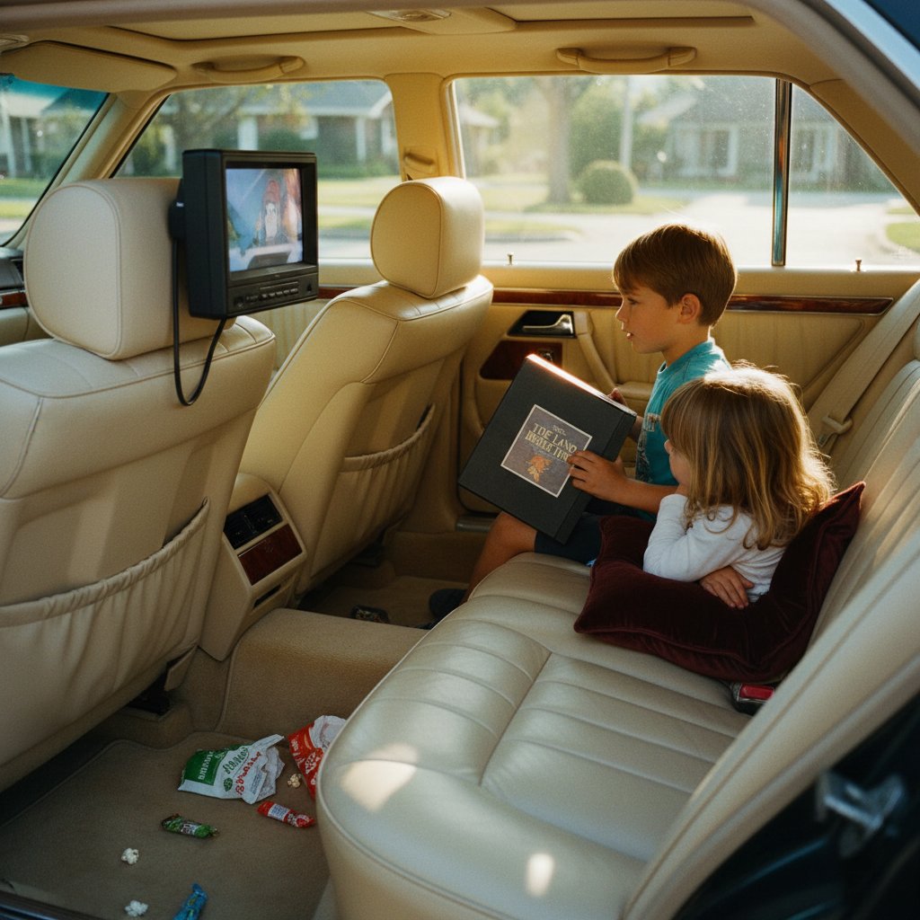 Archival photo of early rear entertainment systems in luxury cars, showing kids watching VHS tapes in a plush leather interior, evoking nostalgia for 90s automotive tech