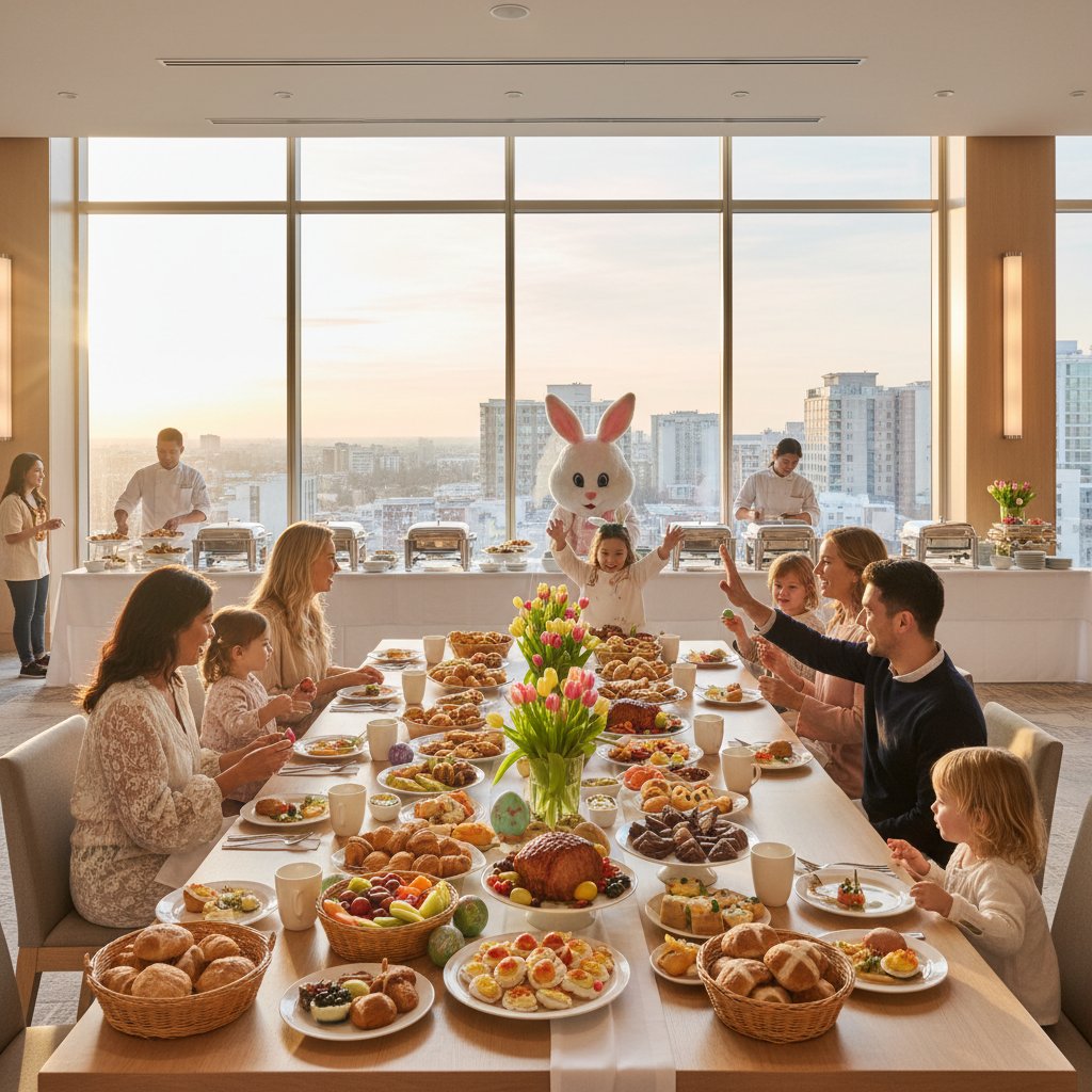 Śniadanie wielkanocne w hotelu, nowoczesna sala, rodzinna atmosfera