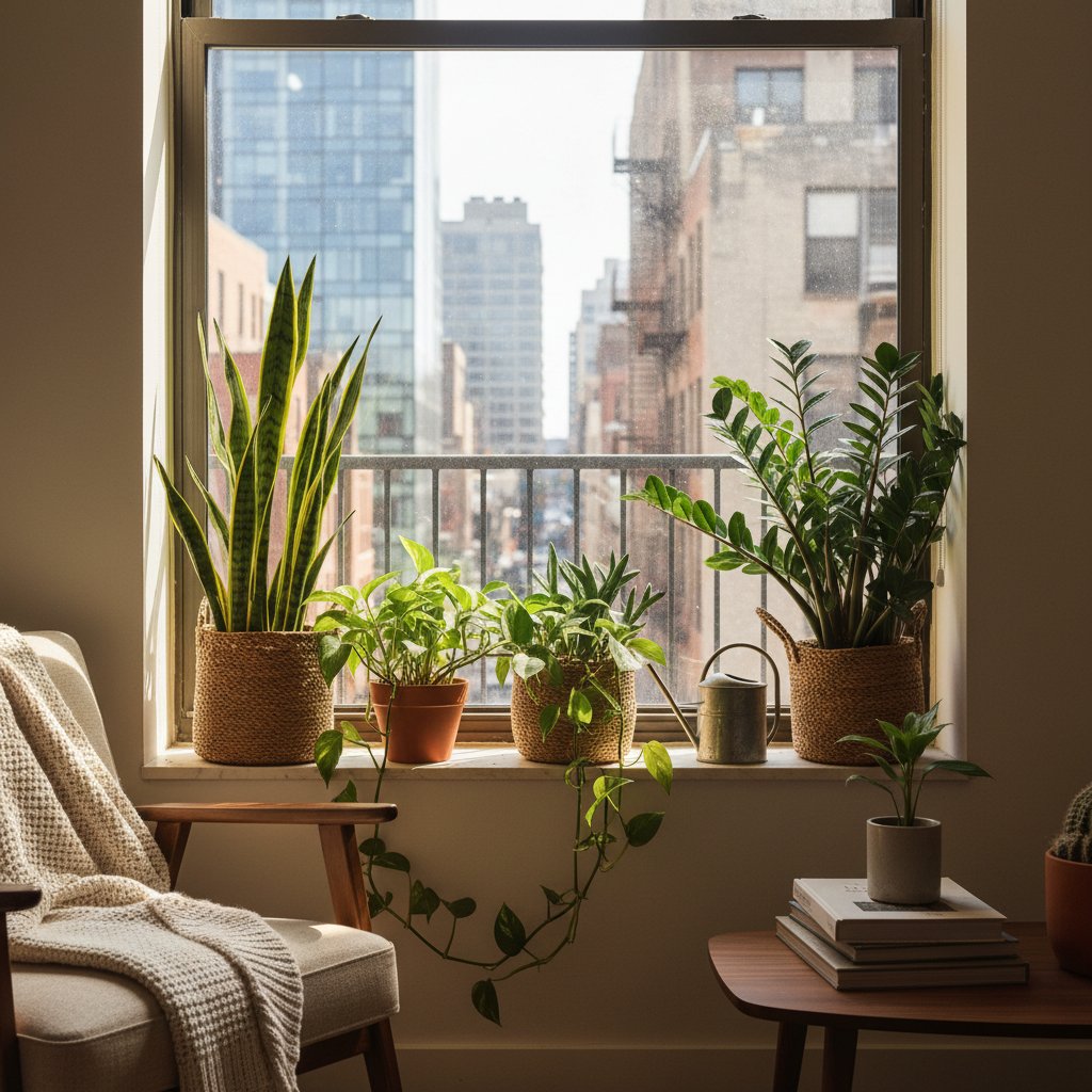 Okno z roślinami łatwymi w pielęgnacji, różne poziomy światła
