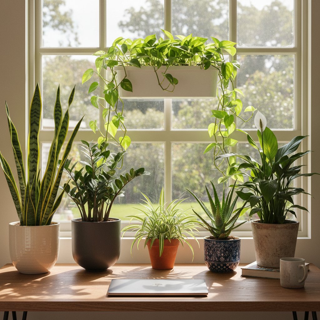 Kolekcja łatwych w uprawie roślin doniczkowych na biurku i parapecie