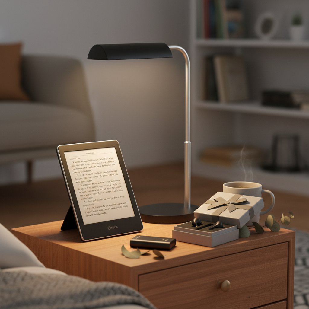 Osoba czytająca na czytniku e-booków z lampką z klipsem – nowoczesny prezent dla książkoholika