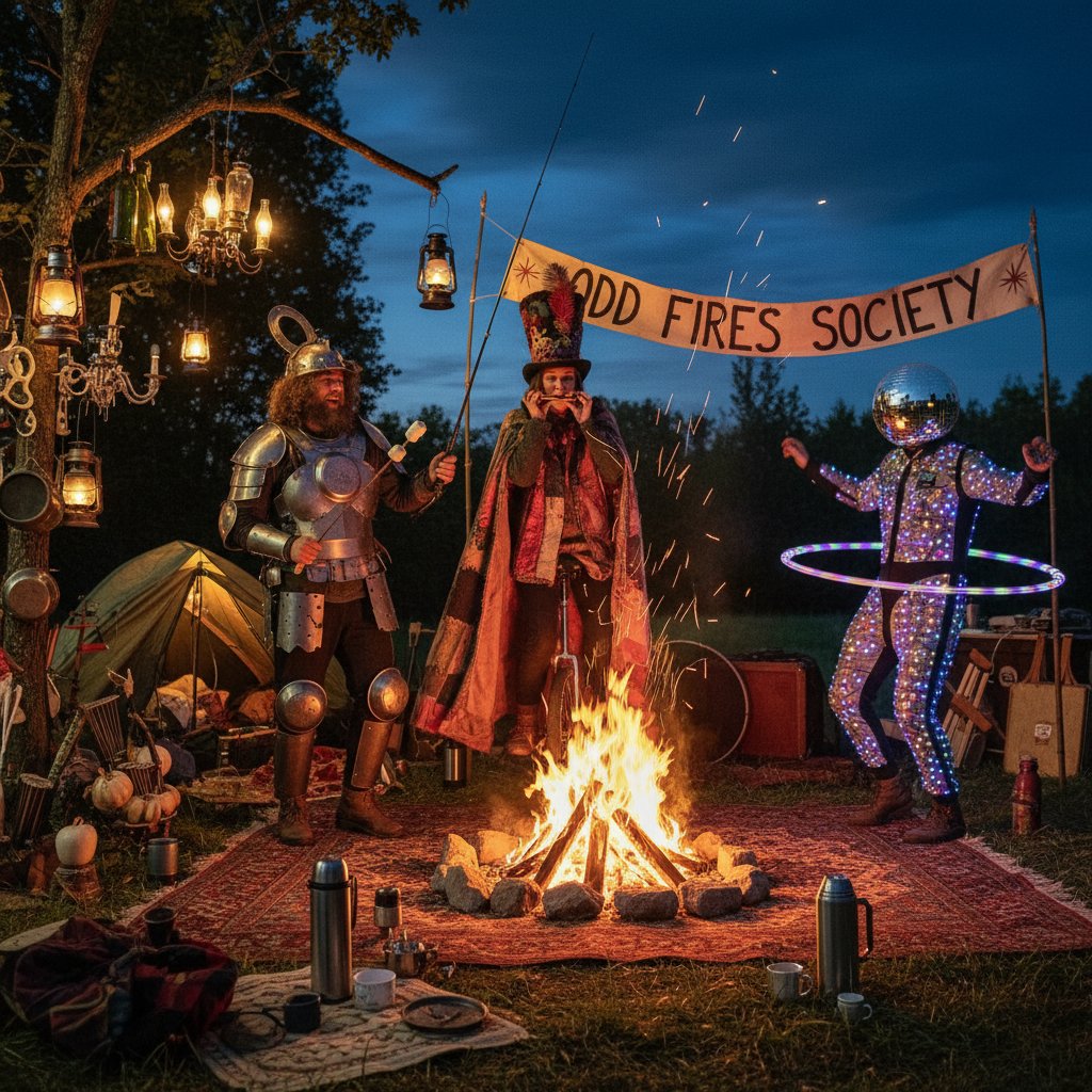 Grupa ekscentrycznych biwakowiczów przy ognisku, pole biwakowe nocą, klimat społeczności