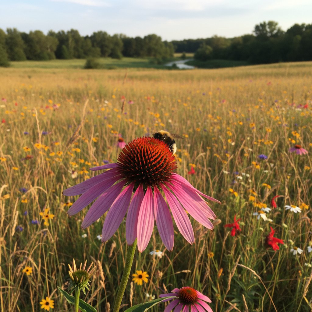 Zbliżenie kwitnącej jeżówki purpurowej wśród dzikiej prerii, symbolizującej tradycyjne zastosowanie echinacei