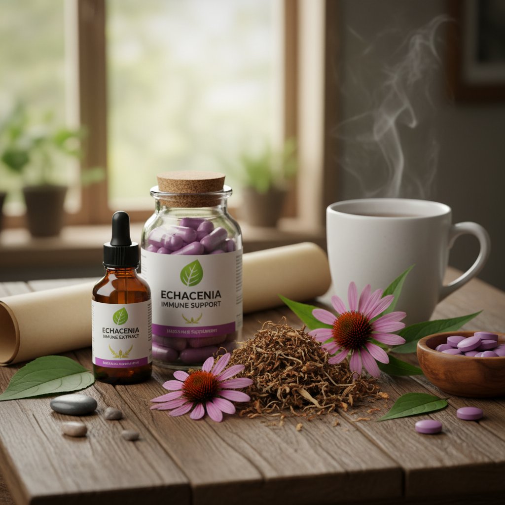 Stolik z suplementami i ulotkami reklamowymi, osoba przeglądająca broszury marketingowe