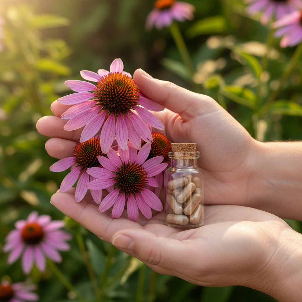 Osoba trzymająca kapsułki i kwiaty jeżówki, kontrast nauki i wiary w naturalne leczenie
