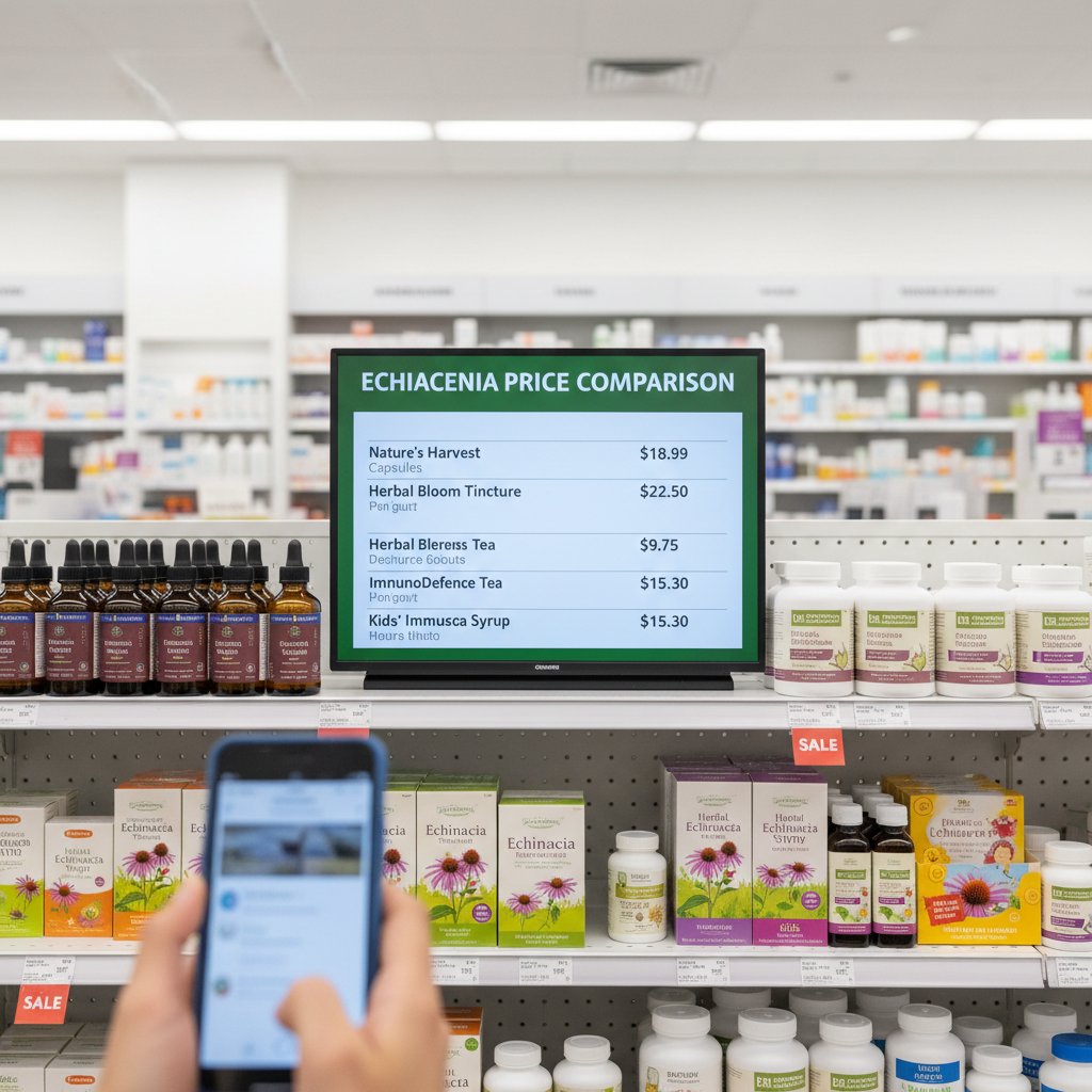 Porównanie cen suplementów z echinaceą na półkach aptek, różne opakowania i etykiety