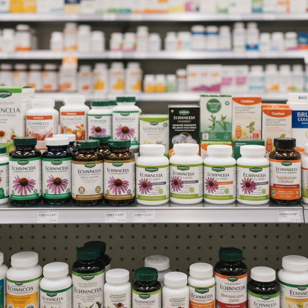 Suplementy z jeżówką na półce apteki, widoczne różne marki i opakowania z hasłem “naturalna odporność”