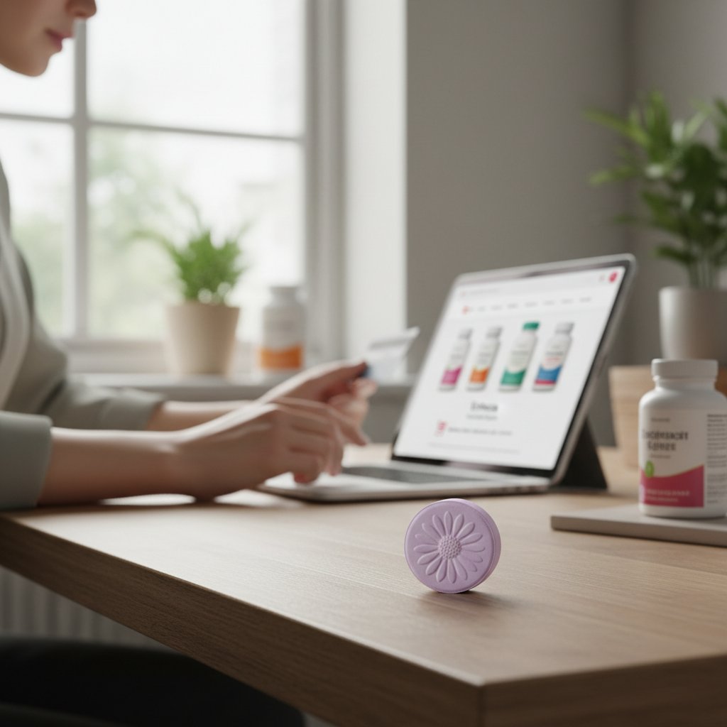 Osoba przeglądająca tablet z ofertami suplementów, niektóre opakowania wyraźnie odbiegają od oryginału