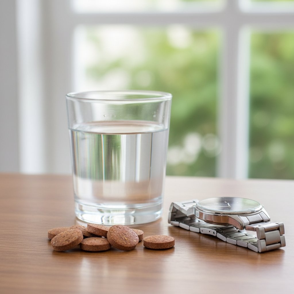 Opakowanie tabletek z echinaceą z wyraźną etykietą, obok szklanki wody i zegarka