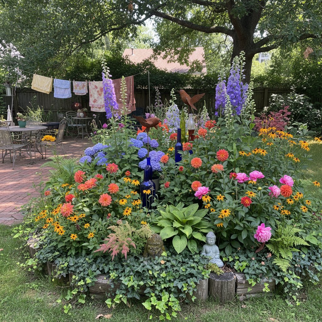 Eklektyczna rabata z różnorodnymi roślinami ozdobnymi, eksplozja kolorów