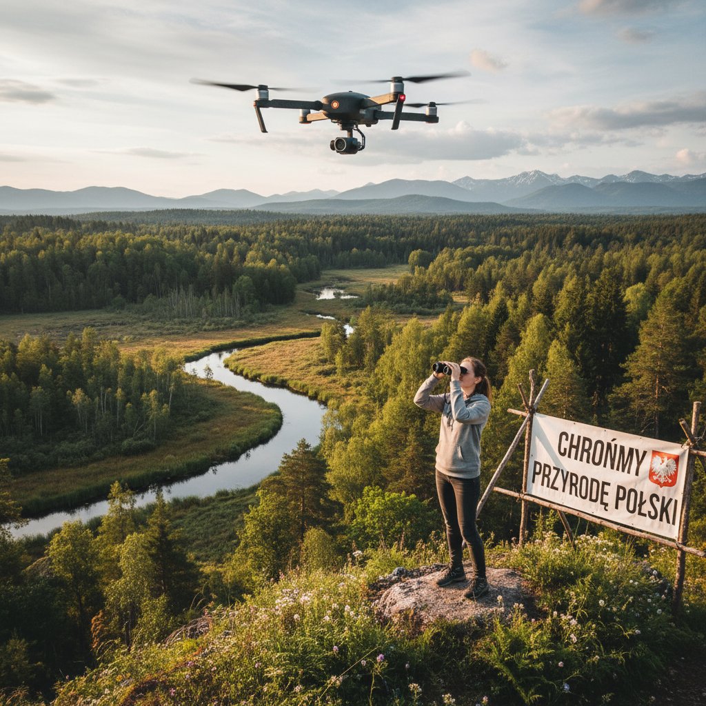 Eko-aktywista monitorujący las za pomocą drona i AI, polska przyroda, zaangażowanie społeczne