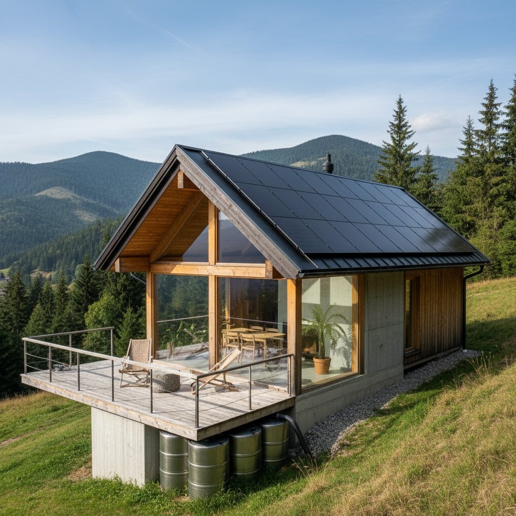 Nowoczesny eko-domek beskidy z panelami solarnymi, minimalistyczny styl