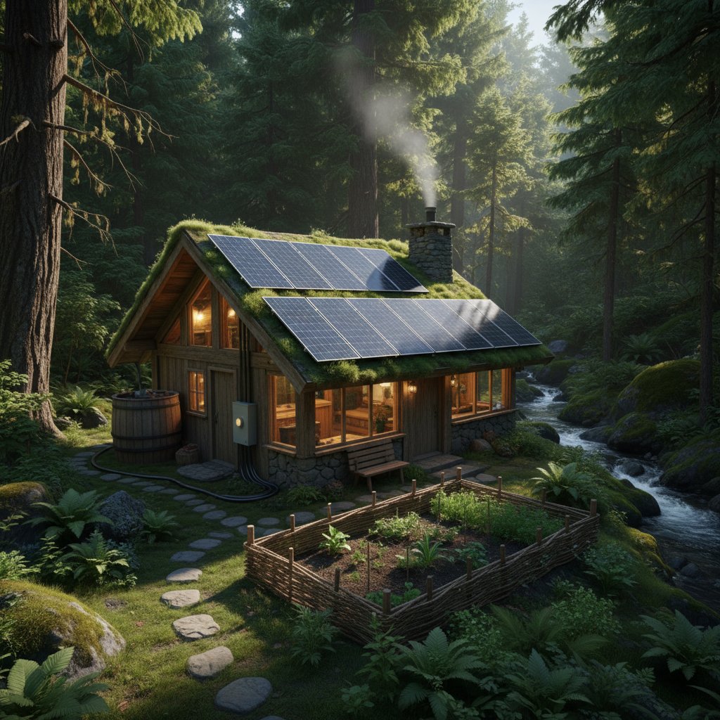 Nowoczesny, ekologiczny domek off-grid w lesie, panele solarne, autonomia