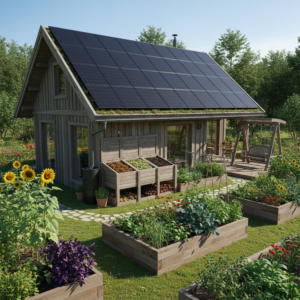 Ekologiczny domek campingowy z panelami solarnymi, ogródkiem i kompostownikiem