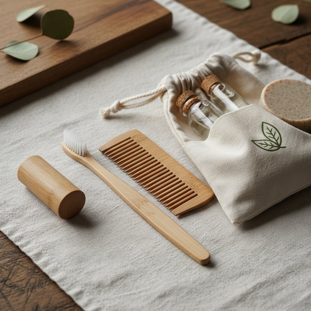 Ekologiczny amenity kit z materiałów z recyklingu, bambusowe szczoteczki, minimalistyczny design