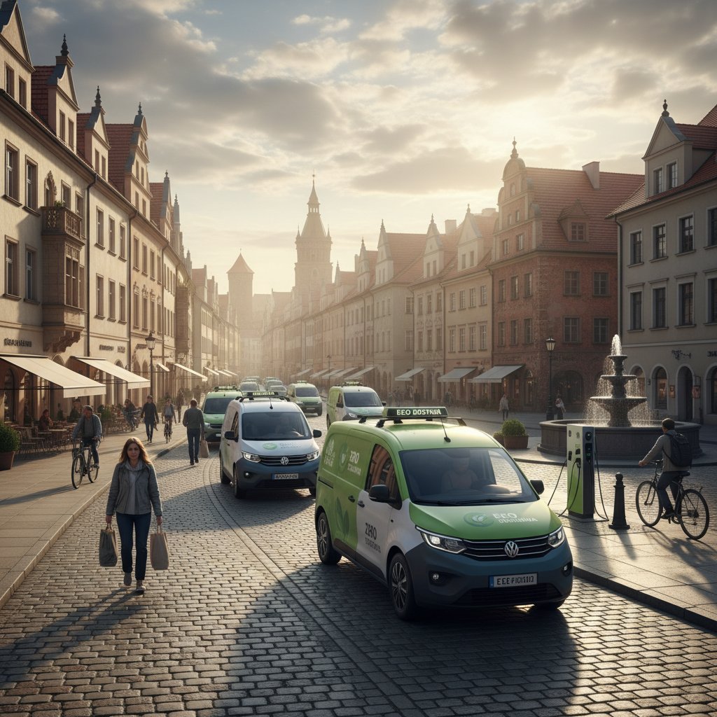 Nowoczesna flota elektrycznych samochodów dostawczych na tle miasta w Polsce