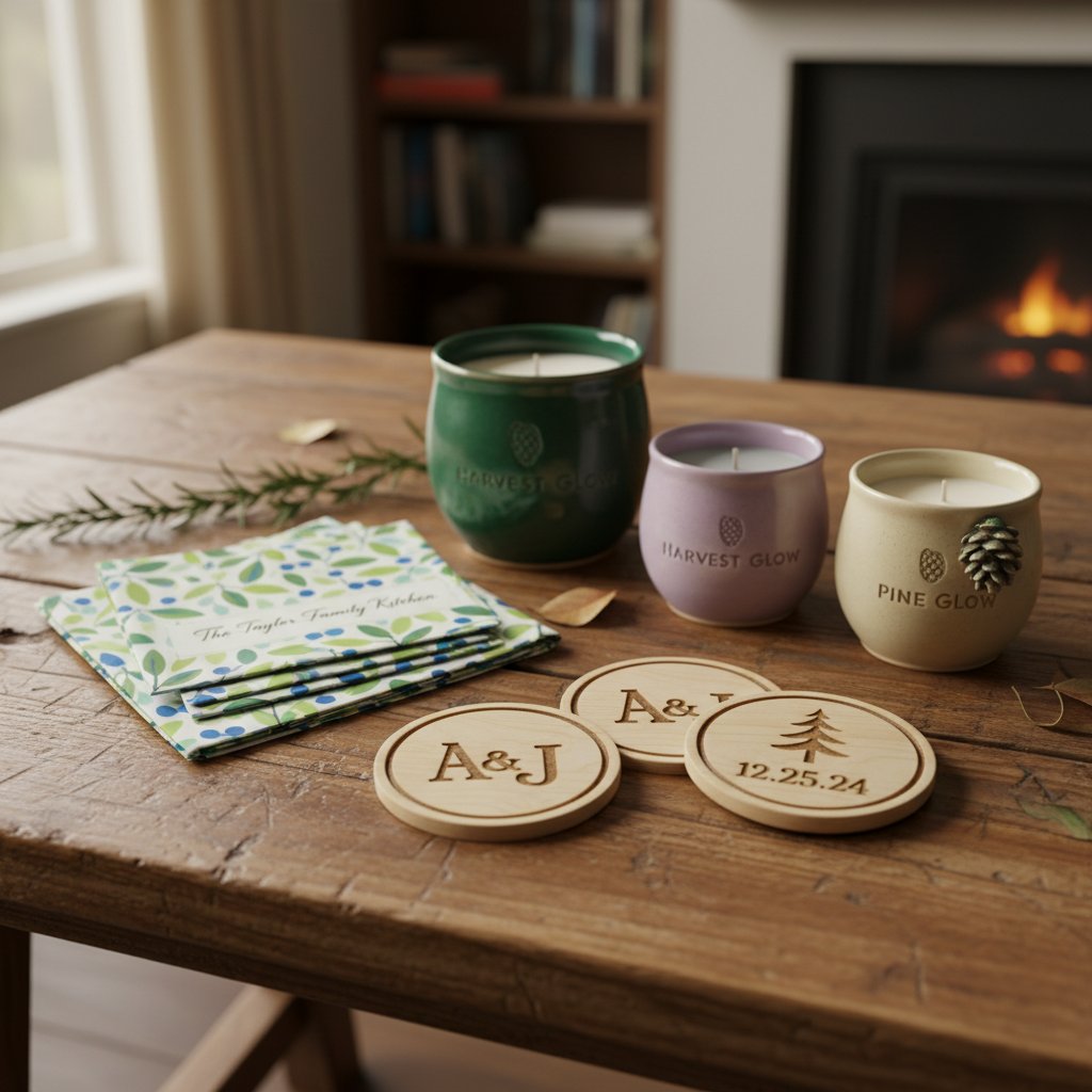 Ekologiczne gadżety prezentowe na drewnianym stole, przyjazne środowisku, personalizowany klimat