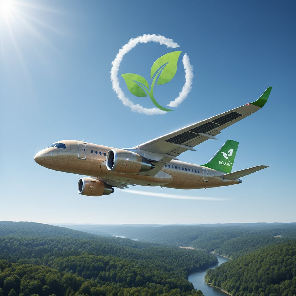 Ekologiczny samolot pasażerski z zielonym logo na tle błękitnego nieba, symbolizujący loty przyjazne środowisku