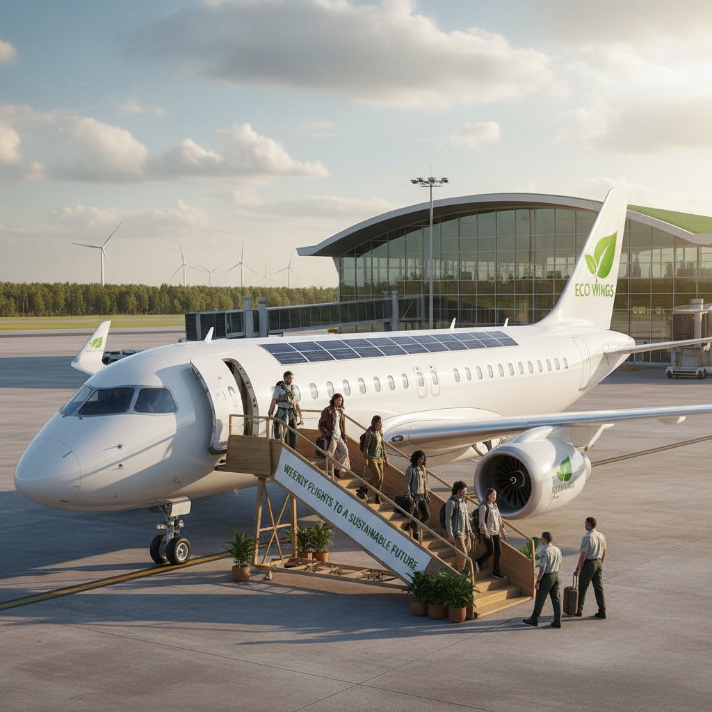 A group of eco-conscious business travelers boarding a modern, fuel-efficient airplane, symbolizing sustainable weekly travel