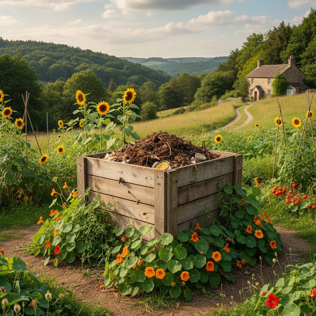 Ekologiczny ogród z kompostownikiem, rośliny w donicach, pszczoły i naturalna sceneria