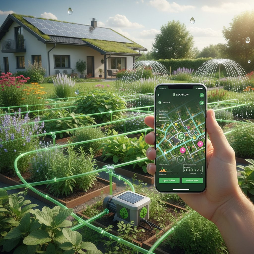 Zielony ogród z widocznym systemem nawadniania i smartfonem, symbolizującym technologie ekologiczne