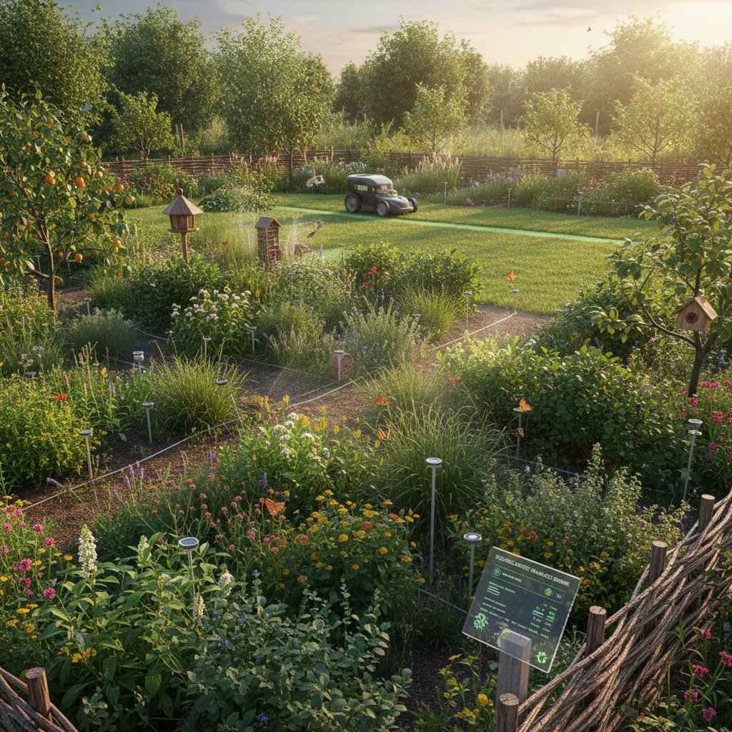 Ekologiczny ogród z inteligentnym systemem podlewania i nawożenia, widoczne czujniki i zróżnicowana roślinność
