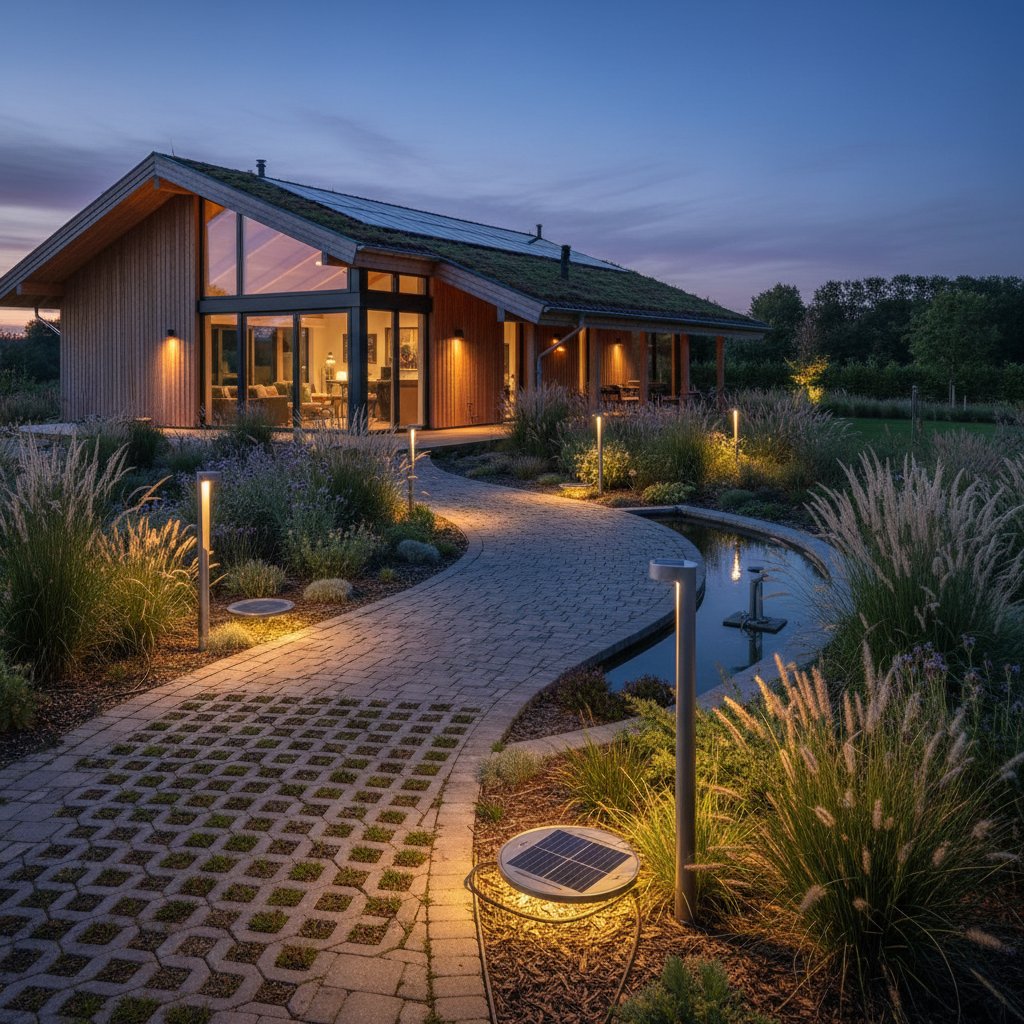 Lampy solarne LED w ekologicznym ogrodzie, dominuje zieleń, nowoczesne kształty, brak kabli