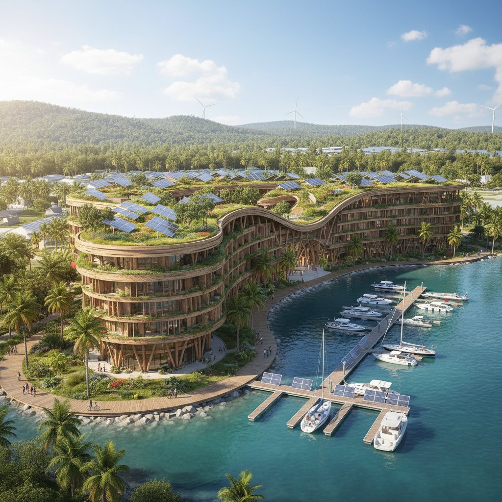 Ekologiczna infrastruktura hotelu przy marinie, panele słoneczne, zielone dachy